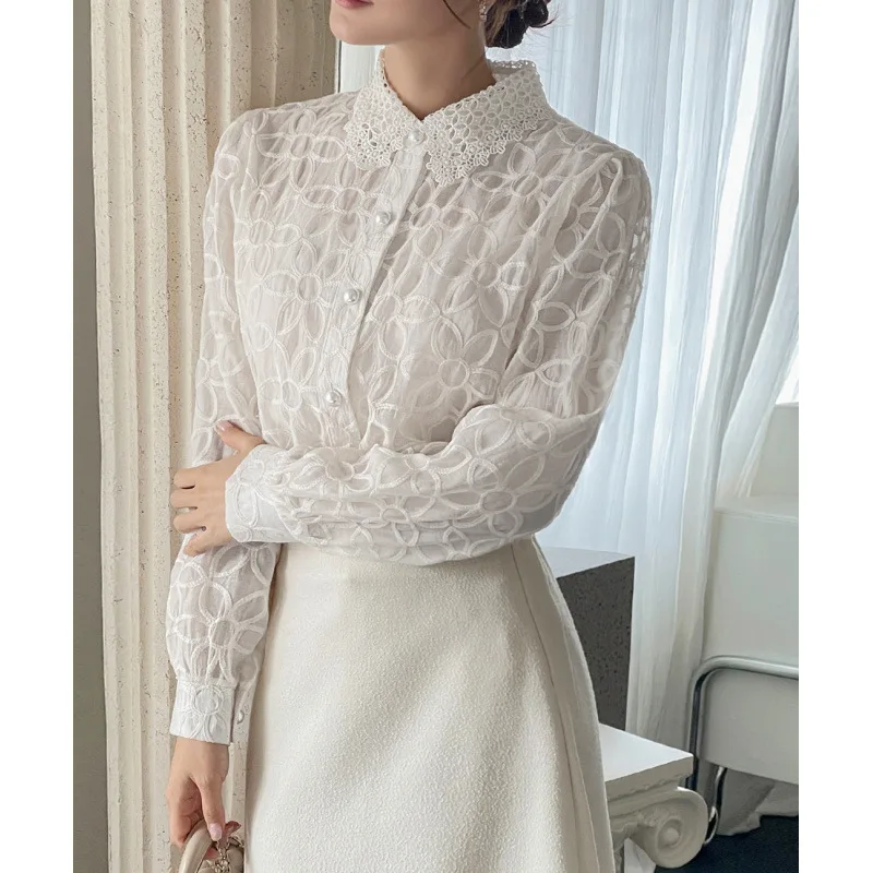 KUSAHIKI New Lace Embroidery Two-piece Set for Women\'s Fashion Long Sleeved Turn-down Collar Blouse Top Camisas De Mujer