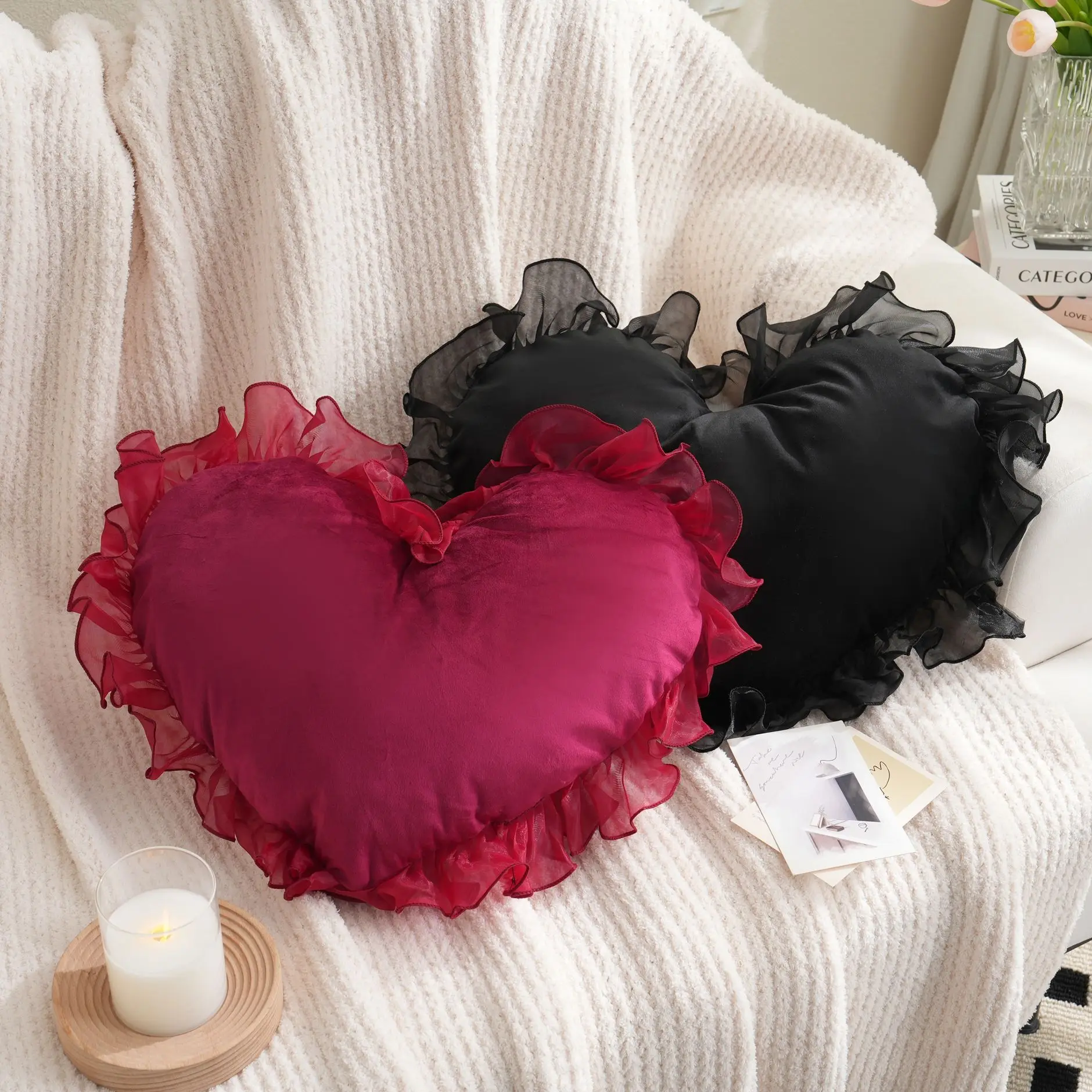 Princess Ruffled Love Heart Shape Sofa Cushion Office Backrest Nap Bolster Pillows Wedding Valentine's Day Gifts Toys Home Decor