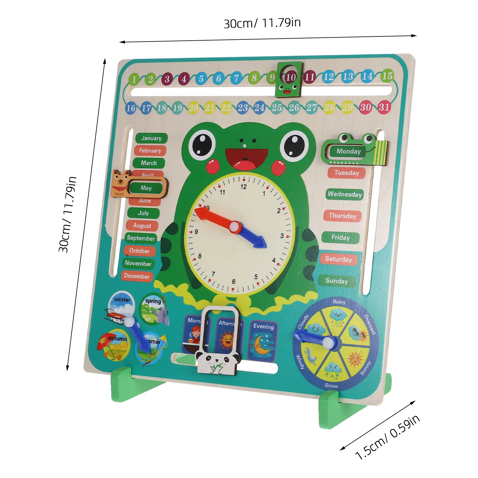 木製カエル時計とカレンダーボード 子供向け時間学習教育ツール インタラクティブな子供向け教材 モンテッソーリ