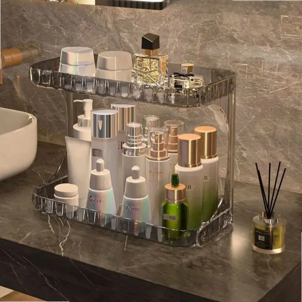 

Double Layer Acrylic Makeup Organizer: Bathroom & Vanity Storage Shelf for Cosmetics, Skincare, Perfume Display Stand