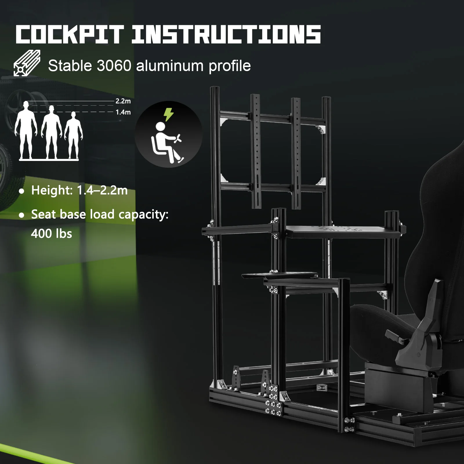 Cabina de Simulación de Carreras Minneer 3060&3030 con Perfil de Aluminio, Soporte para Monitor y Asiento con Ajuste de Altura, Compatible con Motores Direct Drive Logitech/Thrustmaster/Fanatec, No Incluye Volante, Pedales, Freno de Mano ni Monitores