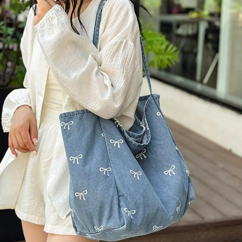 Hochwertige Denim-Canvas-Tasche, Damen-Schultertasche mit Schleife, süß und vielseitig, große, lässige Umhängetasche – Detail 7