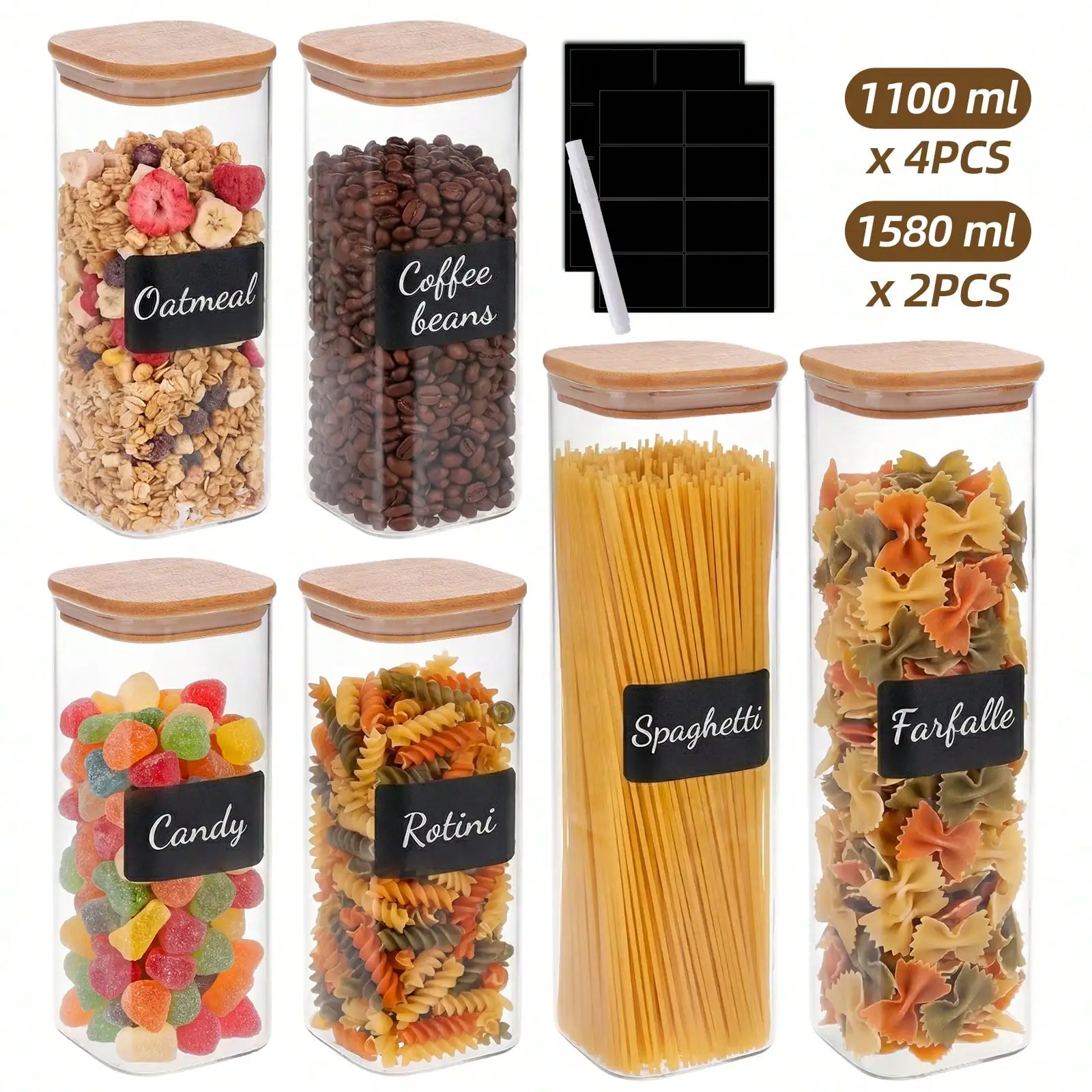 6/12pcs Glass Food Storage Containers With Lid, 2 Sizes Capacity For Flour, Sugar, Baking Supplies And Dry Food Storage, Plastic Canisters For Kitchen Pantry Organization, Kitchen Accessories