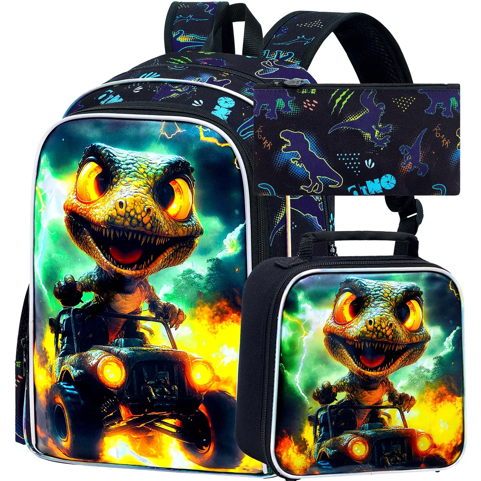 

3 шт. рюкзаки для мальчиков, детская сумка для книг 16 дюймов, водонепроницаемая для мальчиков, легкий рюкзак с коробкой для завтрака-Lizard Football