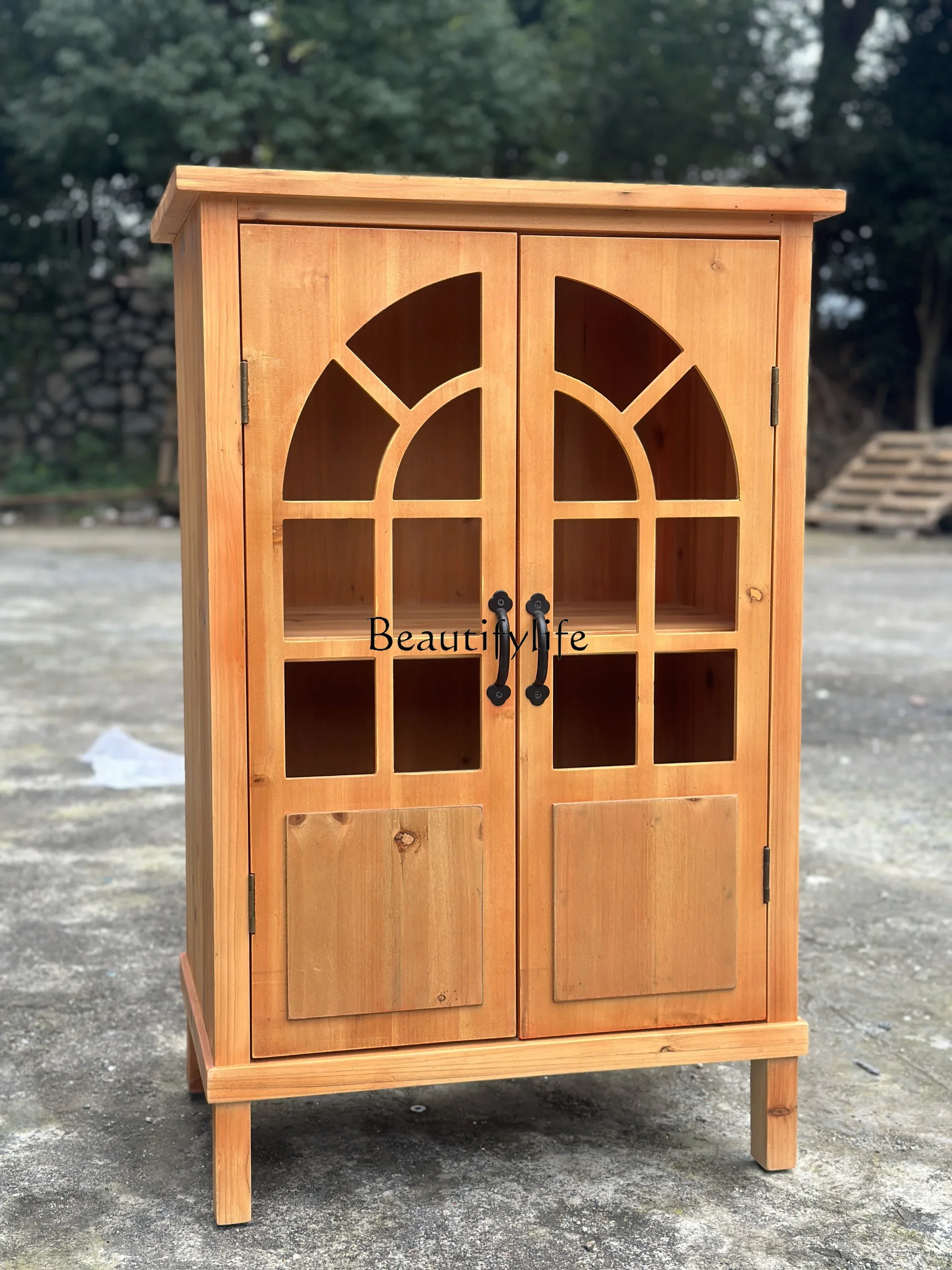 

ls 18Solid wood retro furniture antique bookcase dining side double door arched carved cabinet