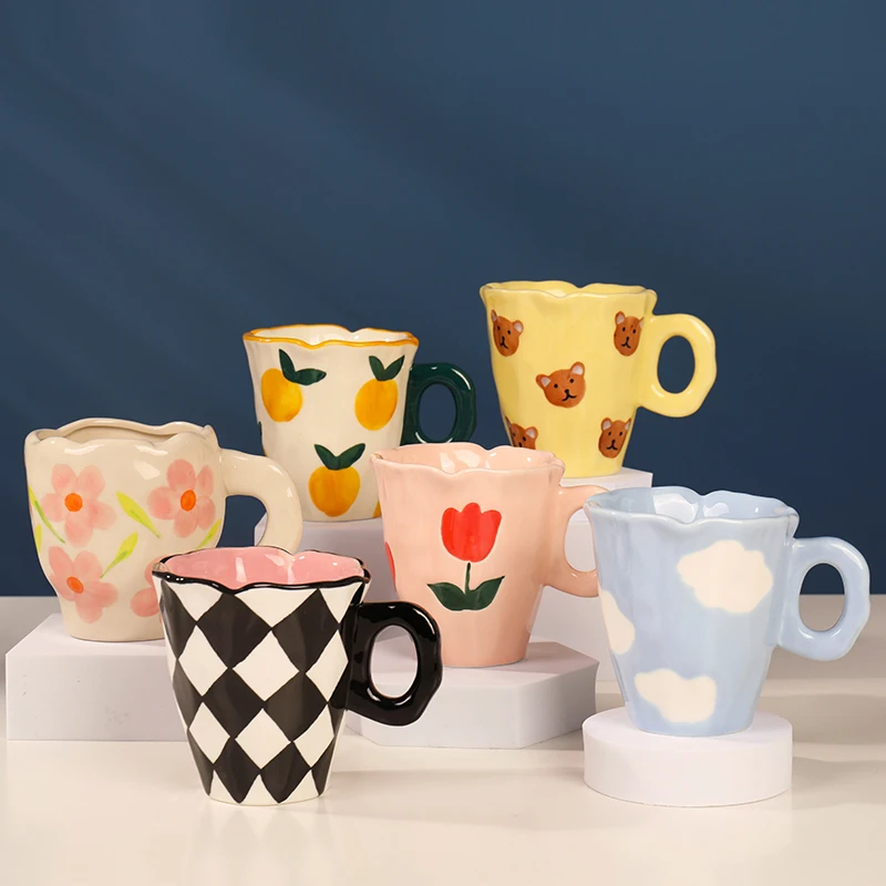 Personalized Hand Painted Bear Tulip Flower Orange Cloud Ceramic Mugs Handcrafted Irregular Shape Coffee Cups Beautiful Mug Gift