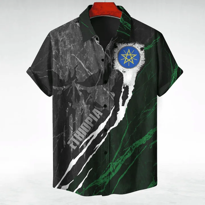 Ethiopia Africa County Flag Map Short Sleeve Shirts For Men Clothes Orthodox Tee National Emblem Graphic Blouses Hawaii Boy Tops