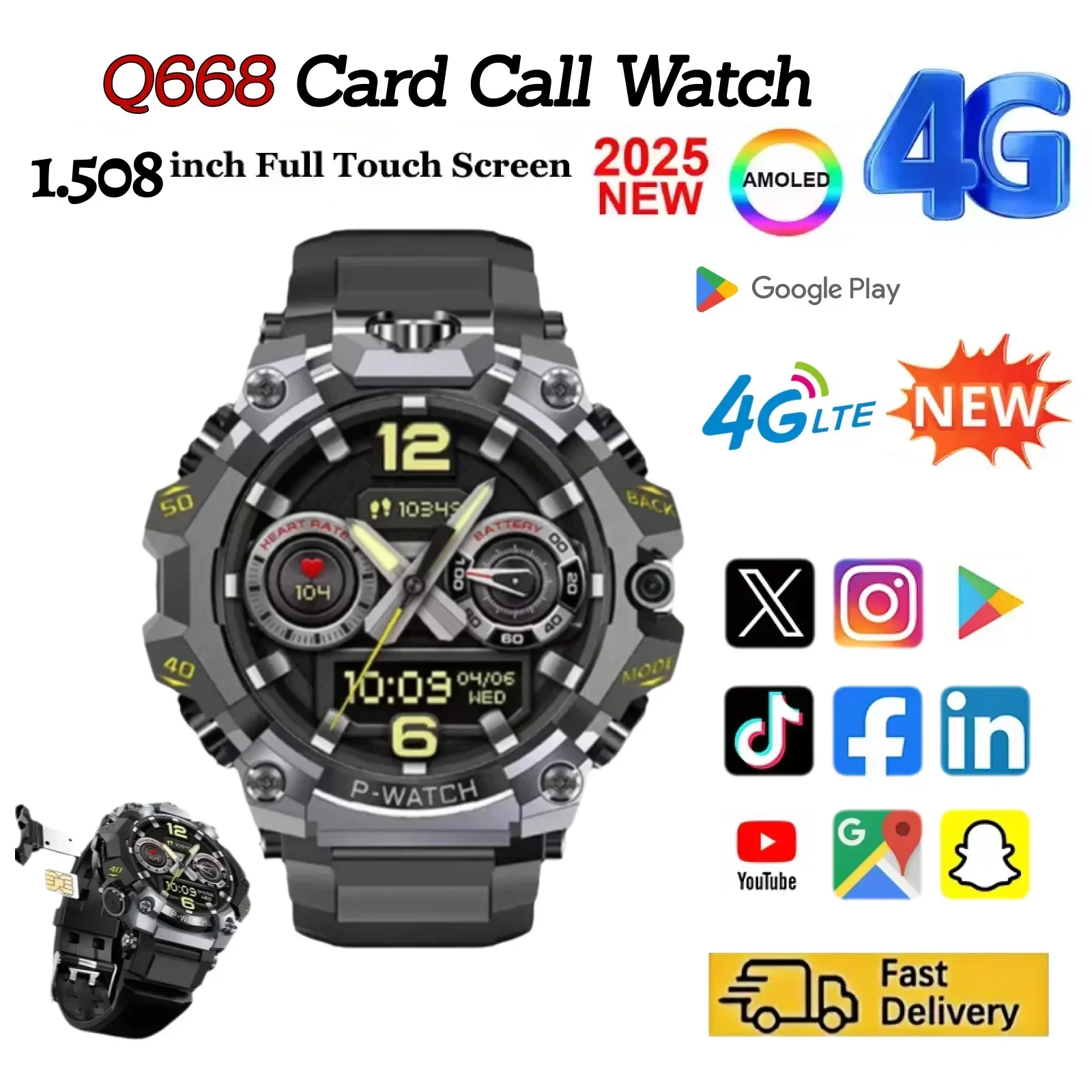 

4G/5G Network Smartwatch Q668 1.5-inch Amoled 800W Dual Camera SiM Card WIFI GPS Music Waterproof Smart Watch for men and women