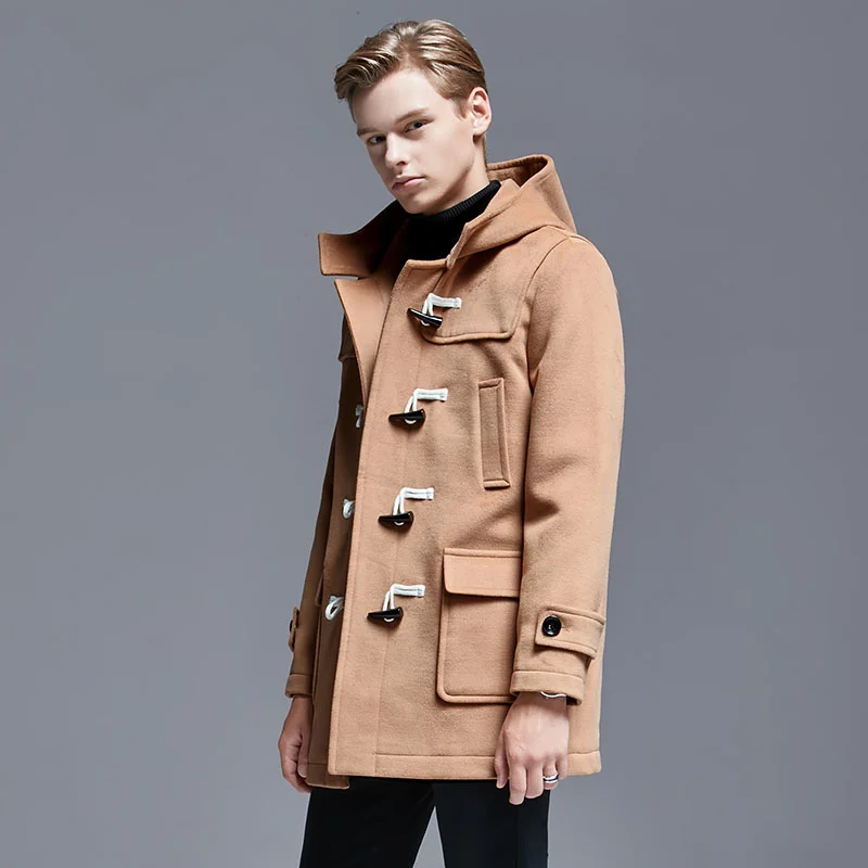 

Horn Button Men's College Style Hooded Woolen Coat Thick Loose-Fit England Cashmere Wool Middle Long Mens Coats and Jackets