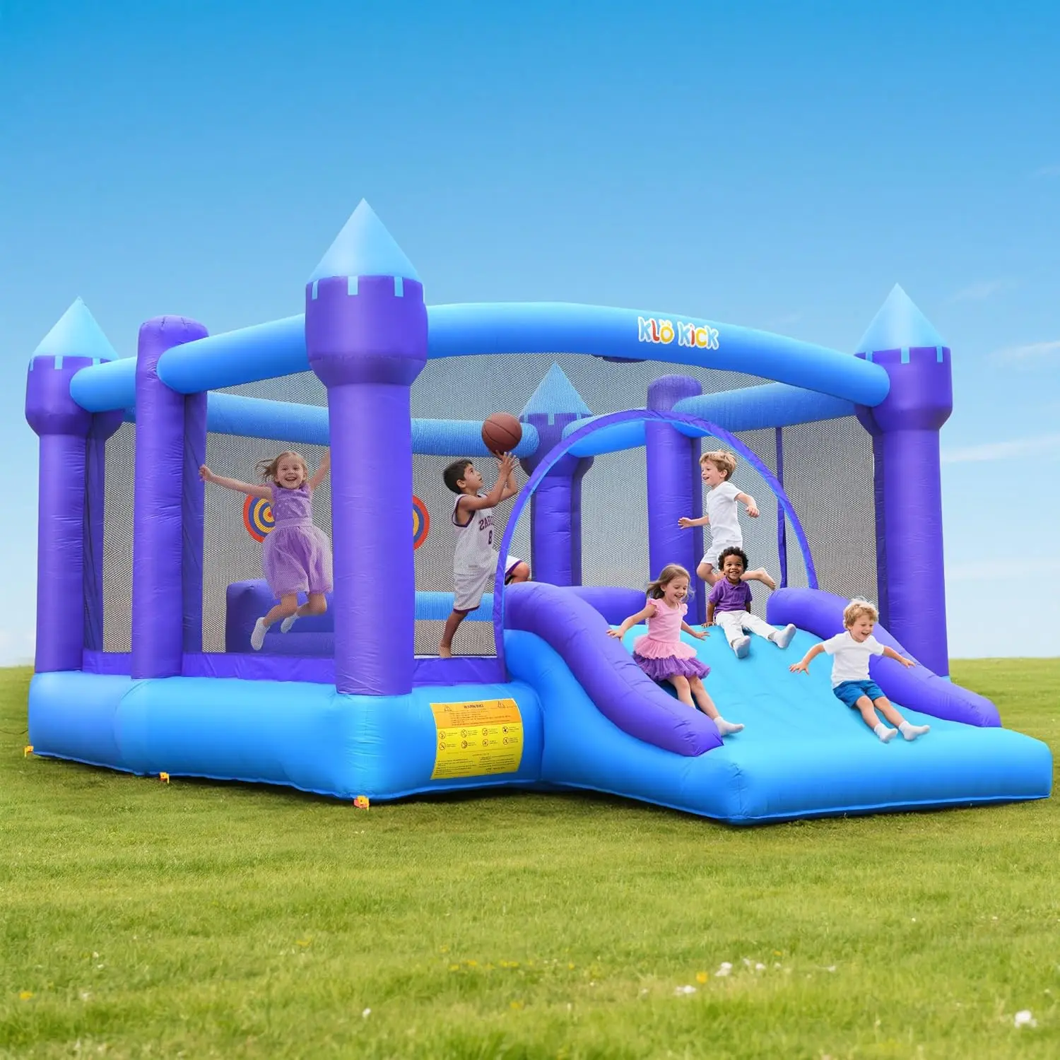 

Inflatable Bounce House for Big Kids, 15' x 12' Large Outdoor Bouncy Castle with Blower, Wider Slide & Basketball Hoop