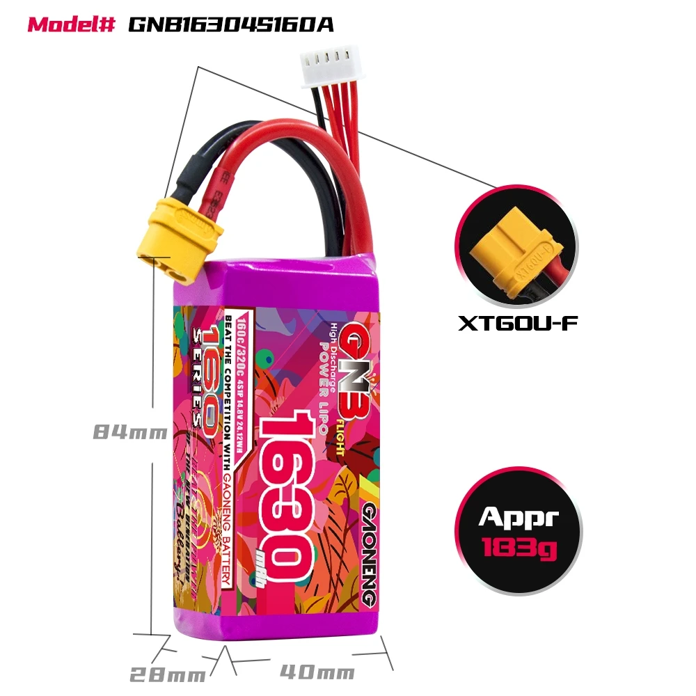 GNB 4S 1630mAh 160C Lipo Battery For DJI FPV, 5 to 6 inch Drone, GEPRC MARK5, MARK4, RC Drone Spare Parts XT60 14.8V Battery