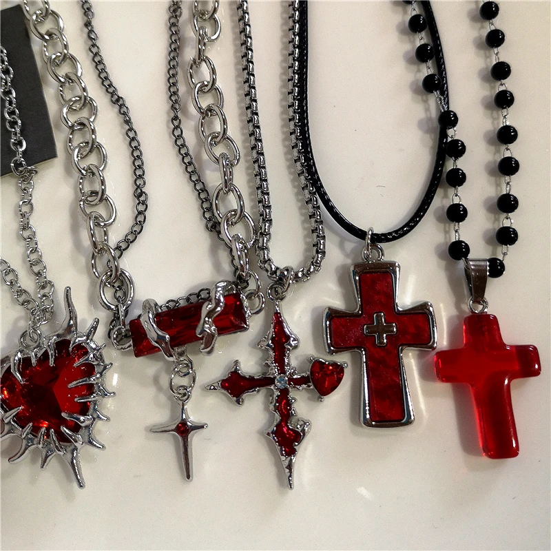 Gothic Red Heart Thorns Cross Chains Necklace For Women Men Hip-Hop Personality Trendy Charm Grunge Punk Jewelry Y2k Accessories