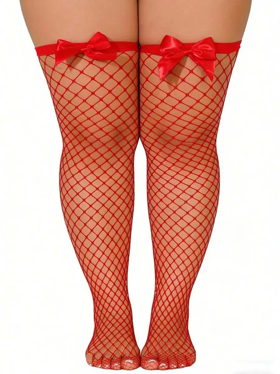 Bow Decor Fishnet Thigh High Stockings, Elastic Hollow Out Grid Over The Knee Fishnet Socks, Sweet Sexy Hold Up Mesh Hosiery For view 3
