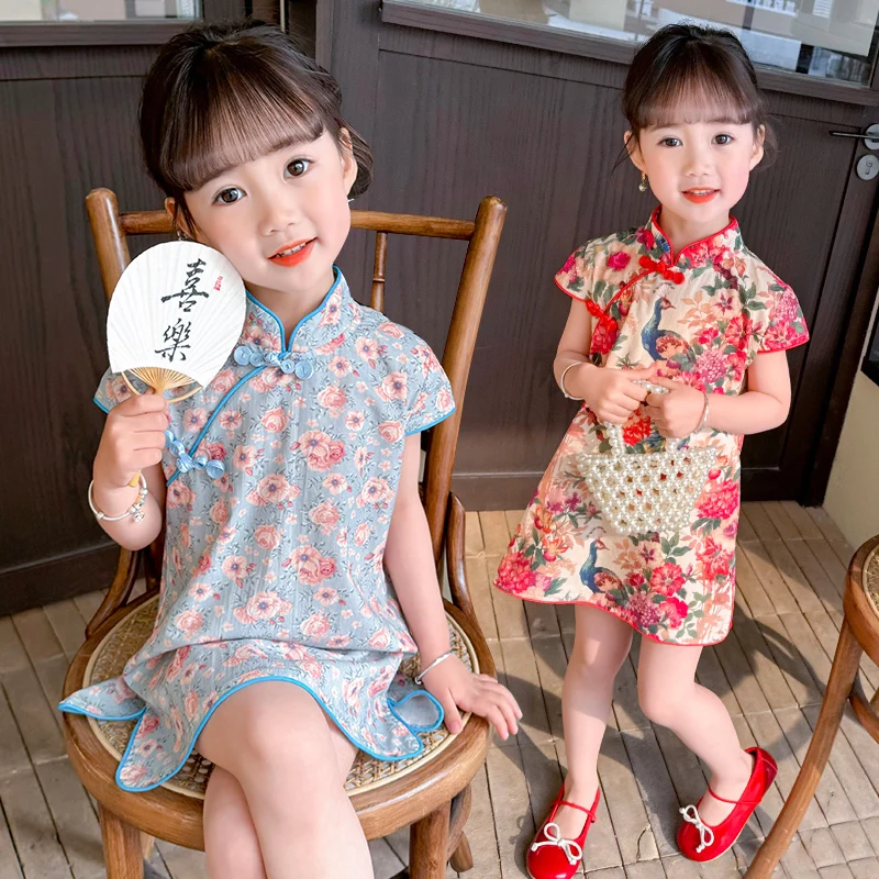 Summer girls cheongsam dress baby girl full of printed straight tube Chinese style standing neck short sleeved dress