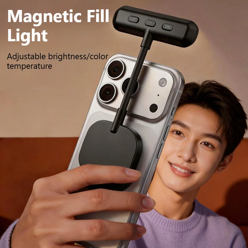 Magnetic Wireless Charger & Selfie Fill Light Compatible with Adjustable Brightness for iPhone Vlog Streaming Makeup Accessory