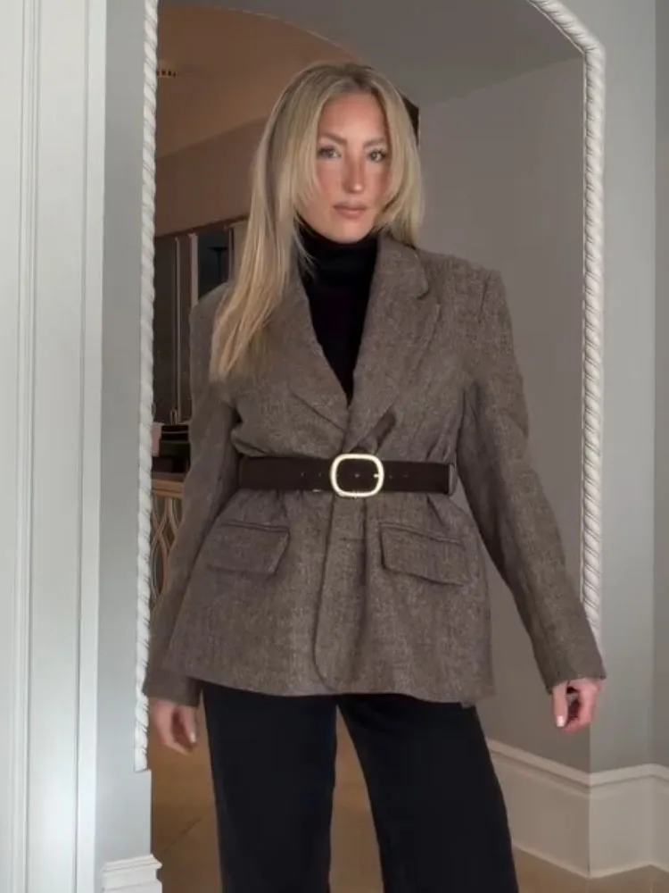 HH Women Fashion Single Breasted Pocket Belt Decoration Jacket Long Sleeves Lapel Loose Blazer Female Elegant Casual Short Coat
