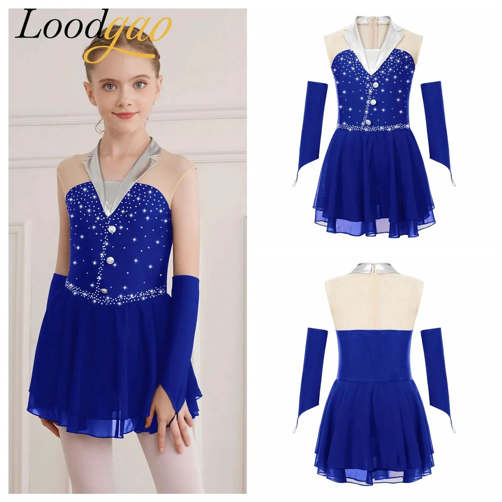

Children Modern Lyrical Dance Costume Kids Girls Shiny Skating Ballet Leotard Latin Cha-cha Stage Tuxedos Dancewear with Gloves