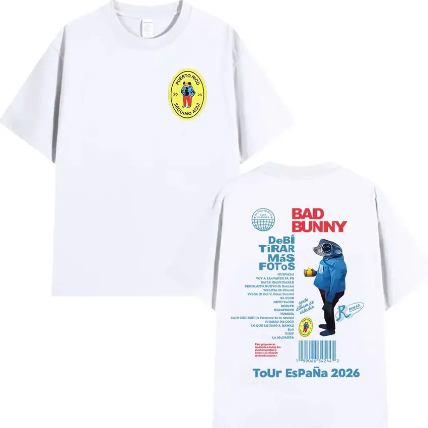 مغني الراب سيئة الأرنب جولة 2025 ألبوم ميرش تي شيرت ديبي تيارار ماس فوتوز DTMF الرسومات تي شيرت للجنسين الهيب هوب المتضخم القطن تيز