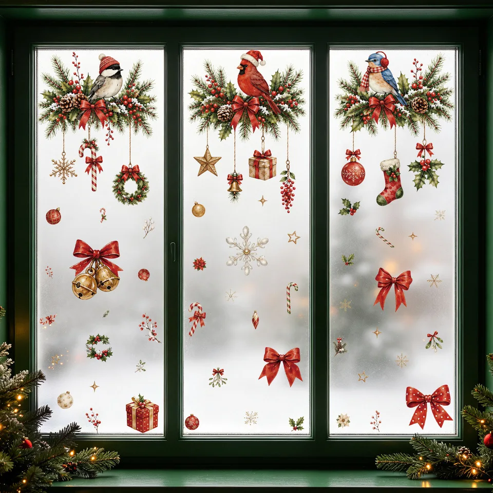 Xmas Static Glass Stickers Cartoon Bird Branch Red Berry Pine Bow Window Clings Reusable Christmas Decor Decals