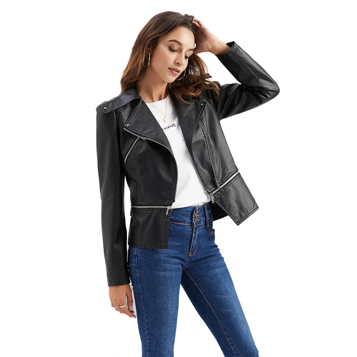 Autumn Motorcycle PU Leather Jacket Women Casual Leather Coat Female Long Sleeve Turn-down Collar Solid Outwear