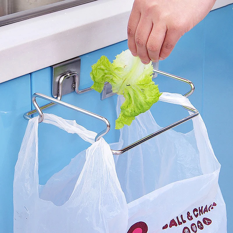 Stainless Steel Kitchen Trash Rack Cabinet Door Garbage Bags Holder Closet Garbage Storage Holder Towel Hanging Organizer