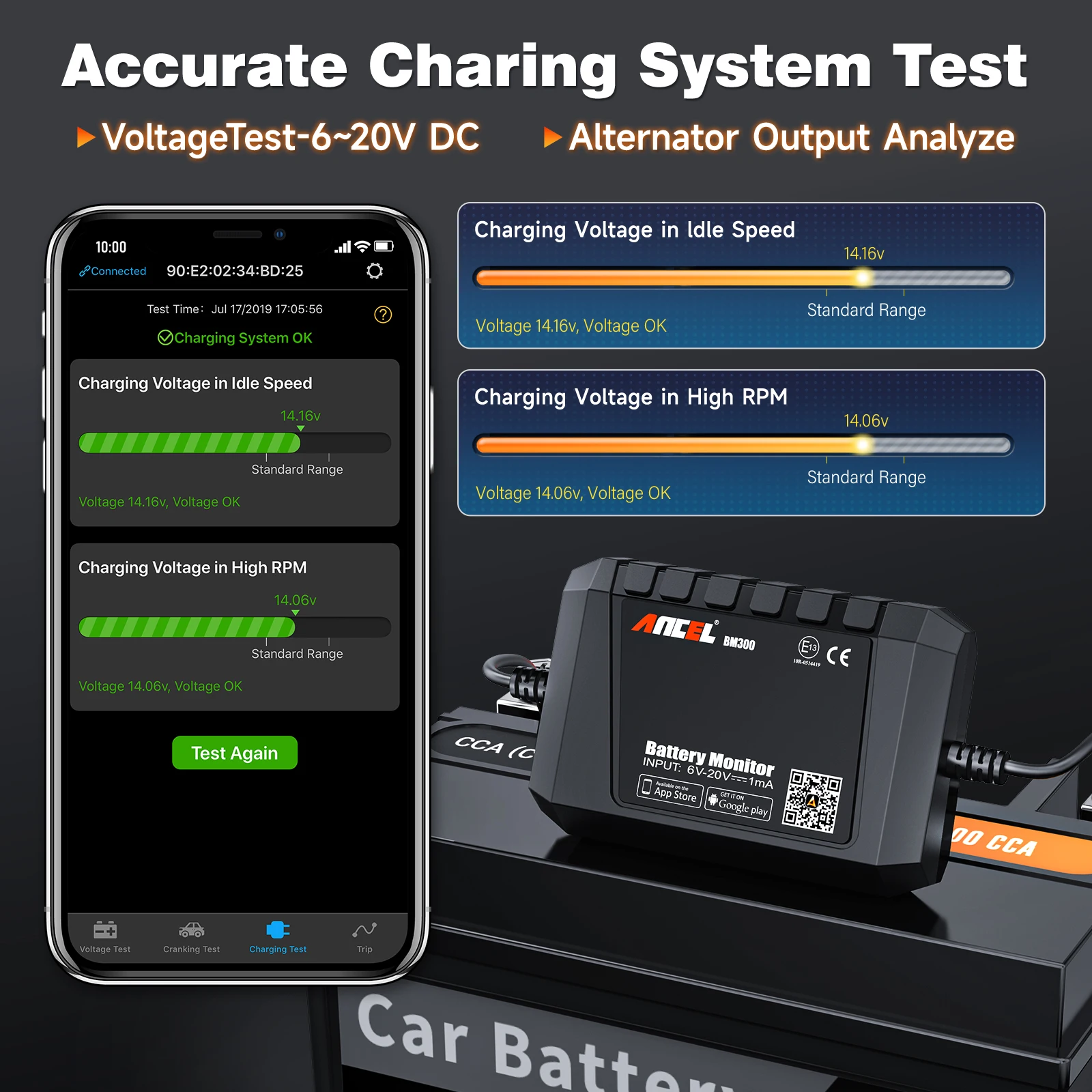 ANCEL BM300 12V Battery Tester Bluetooth Cranking System Charging Cranking Voltage Test Battery Monitor Battery Test For Android