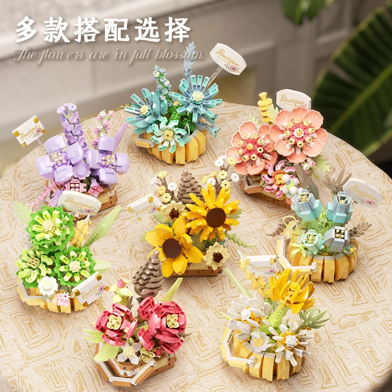 Flower Bouquet Building Blocks Succulents Artificial Basket Kits Bonsai Gardens  Bricks DIY Potted Plants Model Toys For Kids