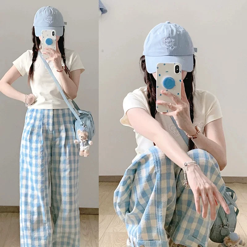 Women's High Waist Wide Leg Pants Blue White Plaid Checkered Loose Fit Lightweight Breathable Casual Trousers