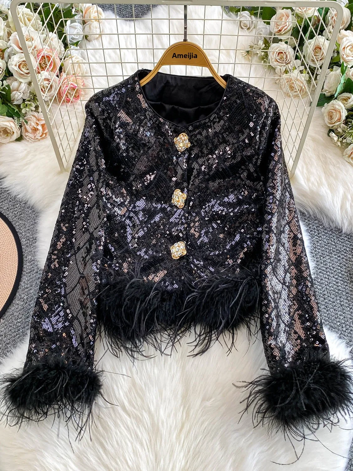   여성용 글리터 패치워크 재킷 독특하고 아름다운 패셔너블한 헤비 엠벨리먼트 메탈 버튼 코트