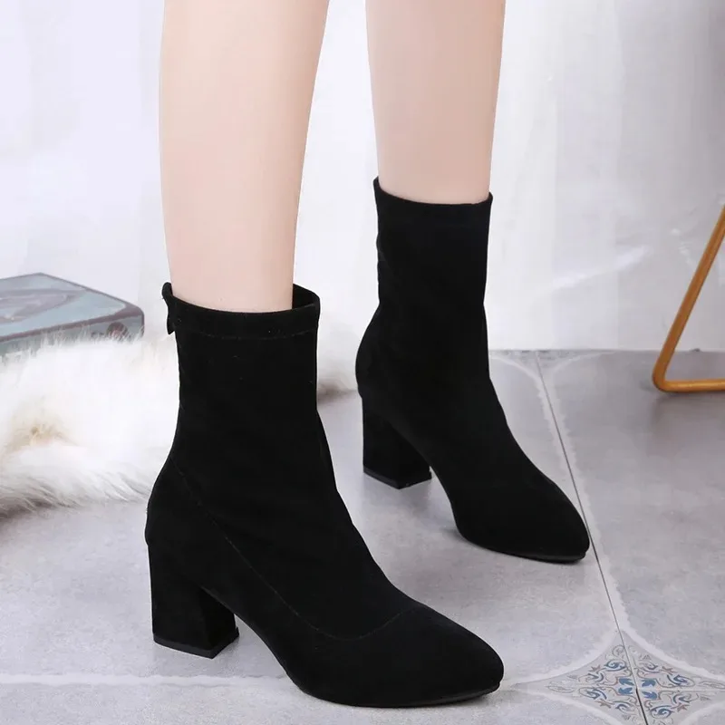 

8CM Women's High Heeled Boots Fashion Pointed Tip Casual Boots Luxury Designer Suede Ankle Boots for Woman Comfort Walking Shoes
