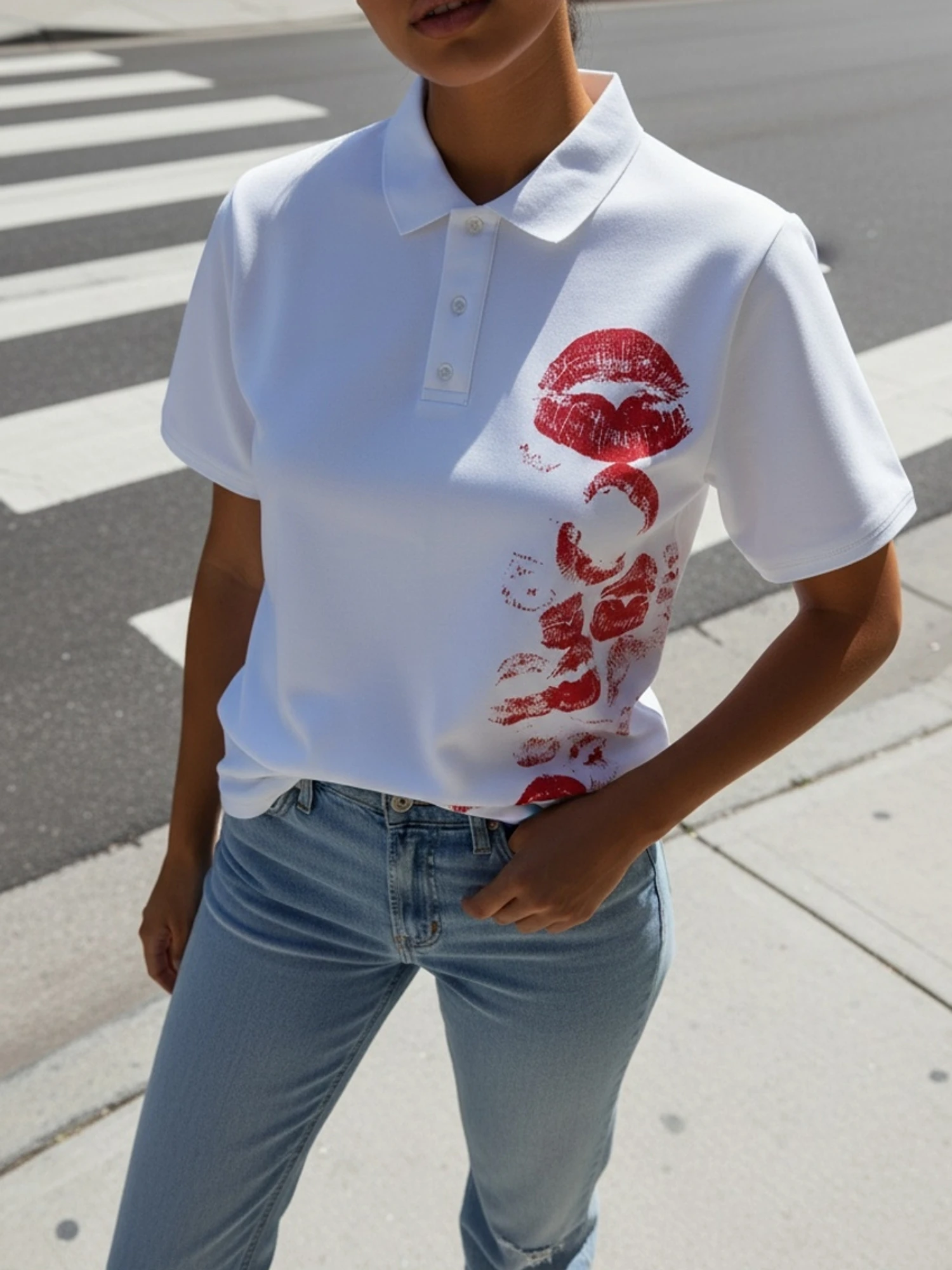 Summer Fashion Retro Classic Versatile Lapel Short Sleeved Punk Style Printed T-shirt Kissing Red Pattern Polo Shirt