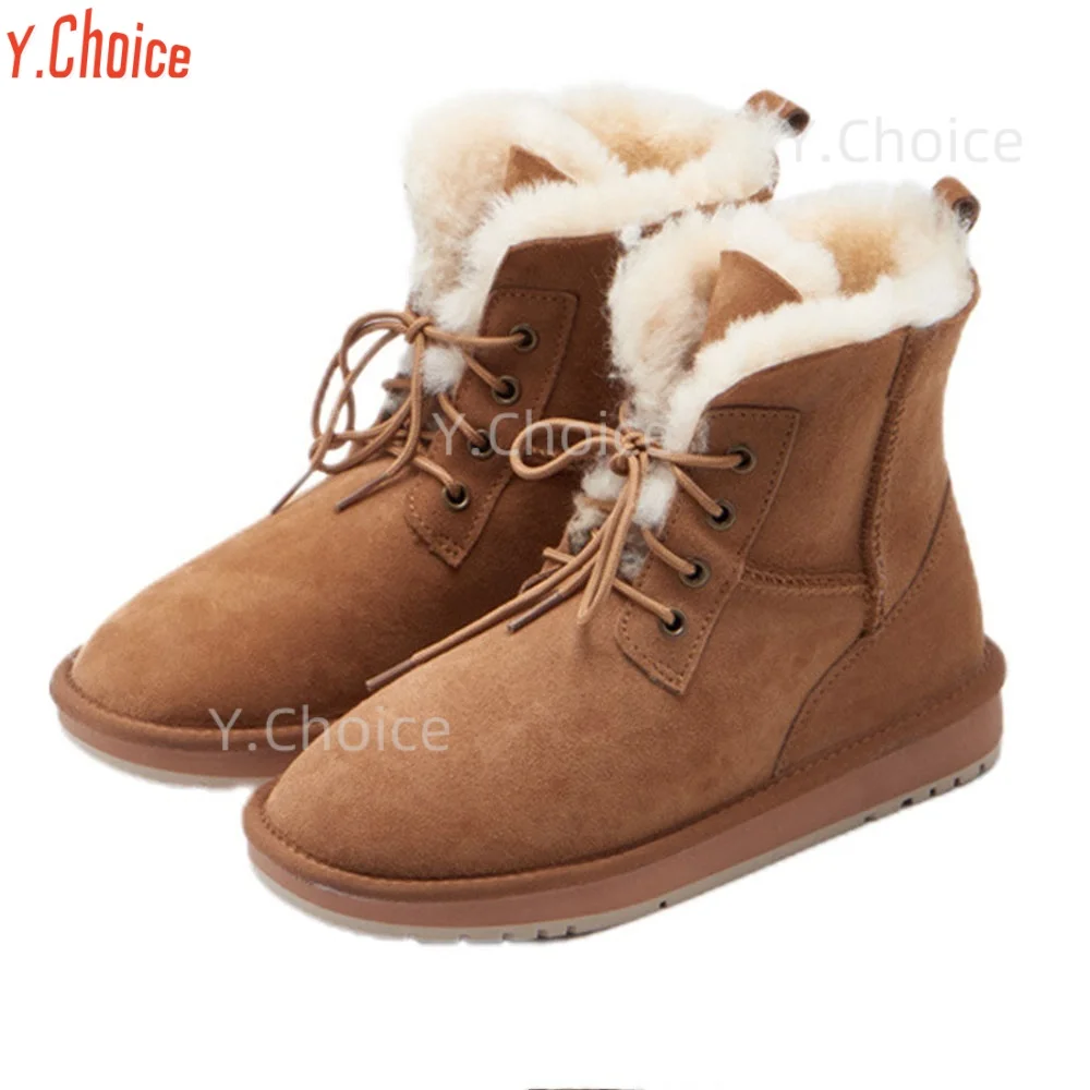 

Y.Choice Women Leather Booties Solid Lace-up Thickening Non-slip Wool Snow Boots Winter Casual Shoes Warm Short Boots For Women