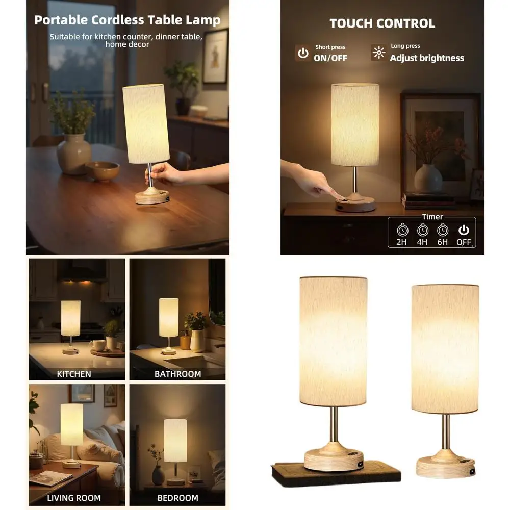 

Portable LED Desk Lamp Set, Rechargeable, Dimmable, Touch Control, 2700K Warm Light, Timer, Cordless, Battery-Powered, Wood-Grai