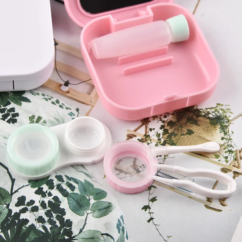 Caixa de lentes de contato portátil, fácil de transportar, espelho, recipiente com pinça, conjunto de sucção, kit de viagem sólido b1