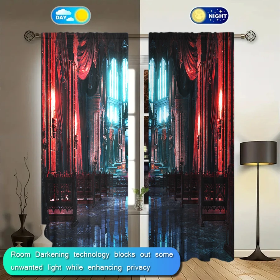 2PCS Digital Printed Curtains, Gothic Cathedral Interior Red Blue Statues, Dark Medieval Castle Hall Window Decor Gothic Room