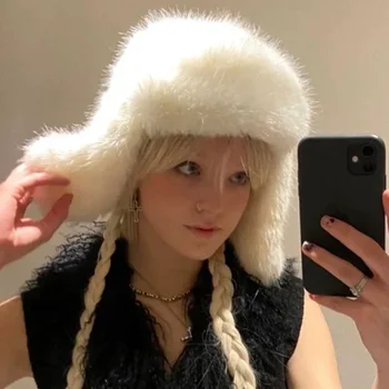 Bombermütze aus Kunstfell, Outdoor-Ski-Wintermütze mit Ohrenklappen, Damen, trendige dicke Ohrenschützer, Gehörschutz, warme Mütze, Pilotenmütze