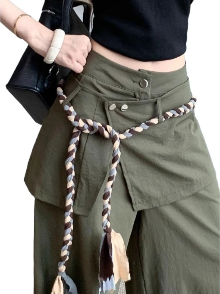 อเมริกัน Casual กางเกงทหารสีเขียวกางเกงขากว้างผู้หญิงฤดูร้อนปลอม 2 ชิ้นผายลมผ้าม่านเอวสูงเผ็ดสาวชั้นกางเกง