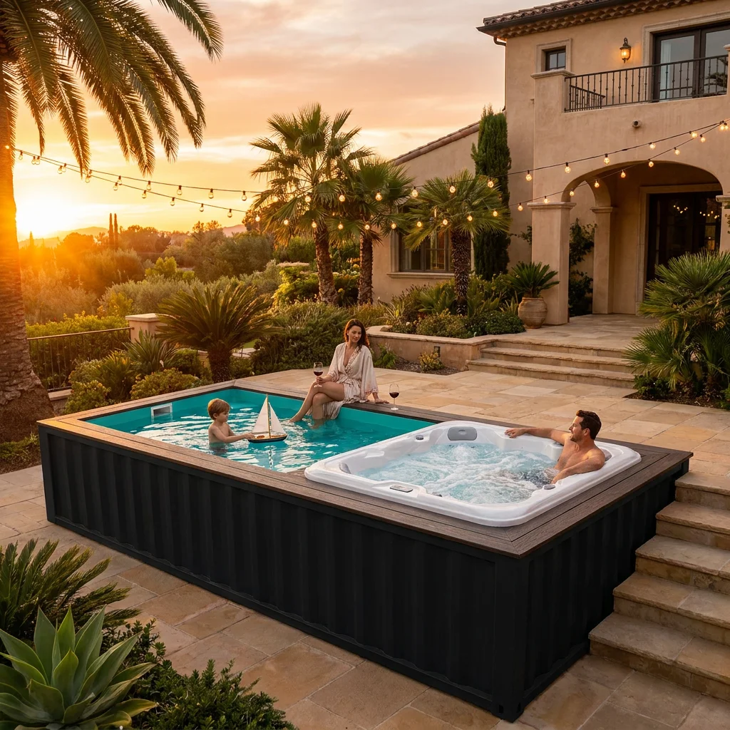 Container Swimming Pool with Hot Tub Portable Dual Plunge Pool & Jacuzzi Spa for Outdoor Garden Villa