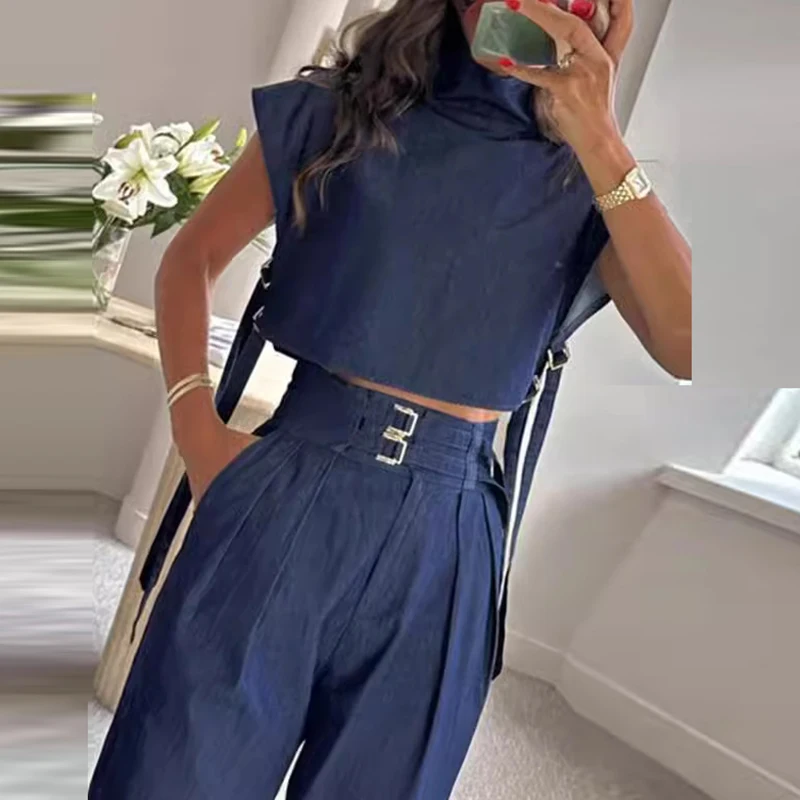 

Casual Short Sleeve Top and Pants Two Piece Vintage High Street Pocket Commuting Set Lady Elegant Solid Color Temperament Outfit