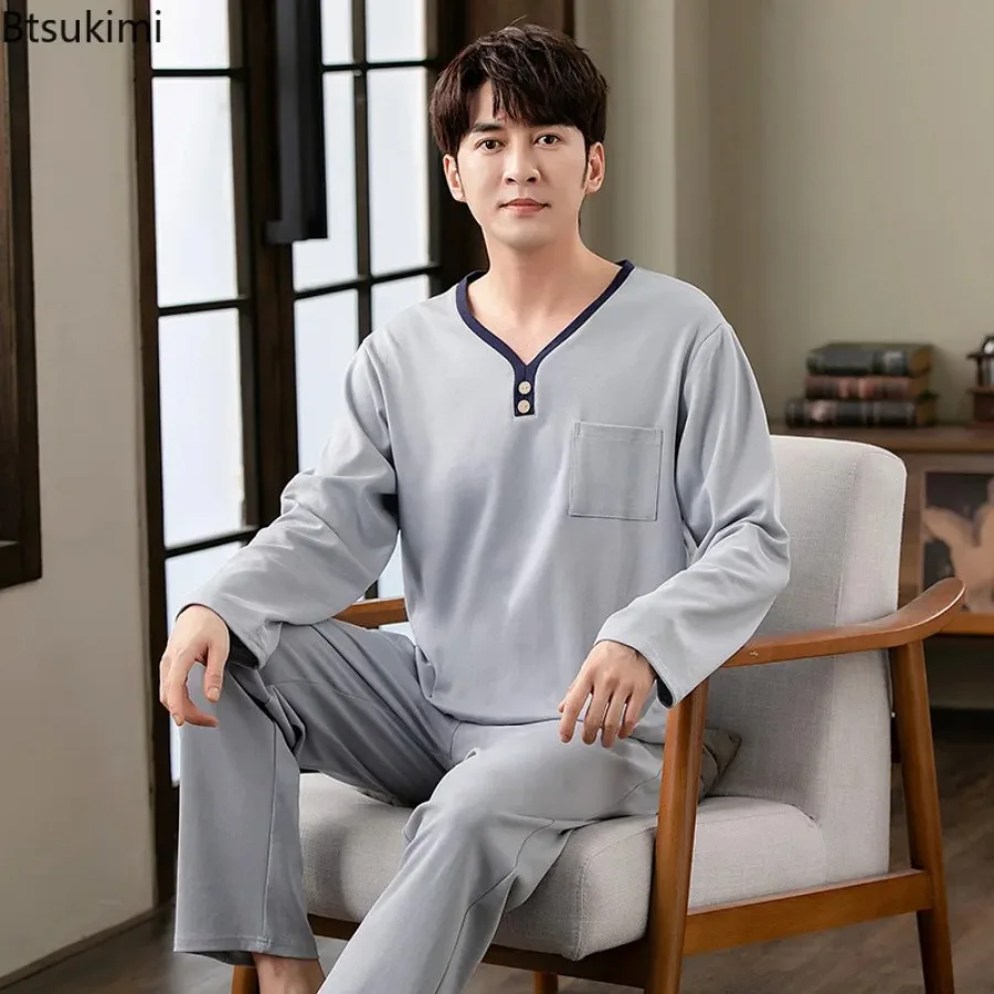 Spring New Men's Long-sleeve Tops and Pants Sleepwear Two Pieces Comfortable Cotton Loose Casual Home Wear Men Pajama Sets L-4XL