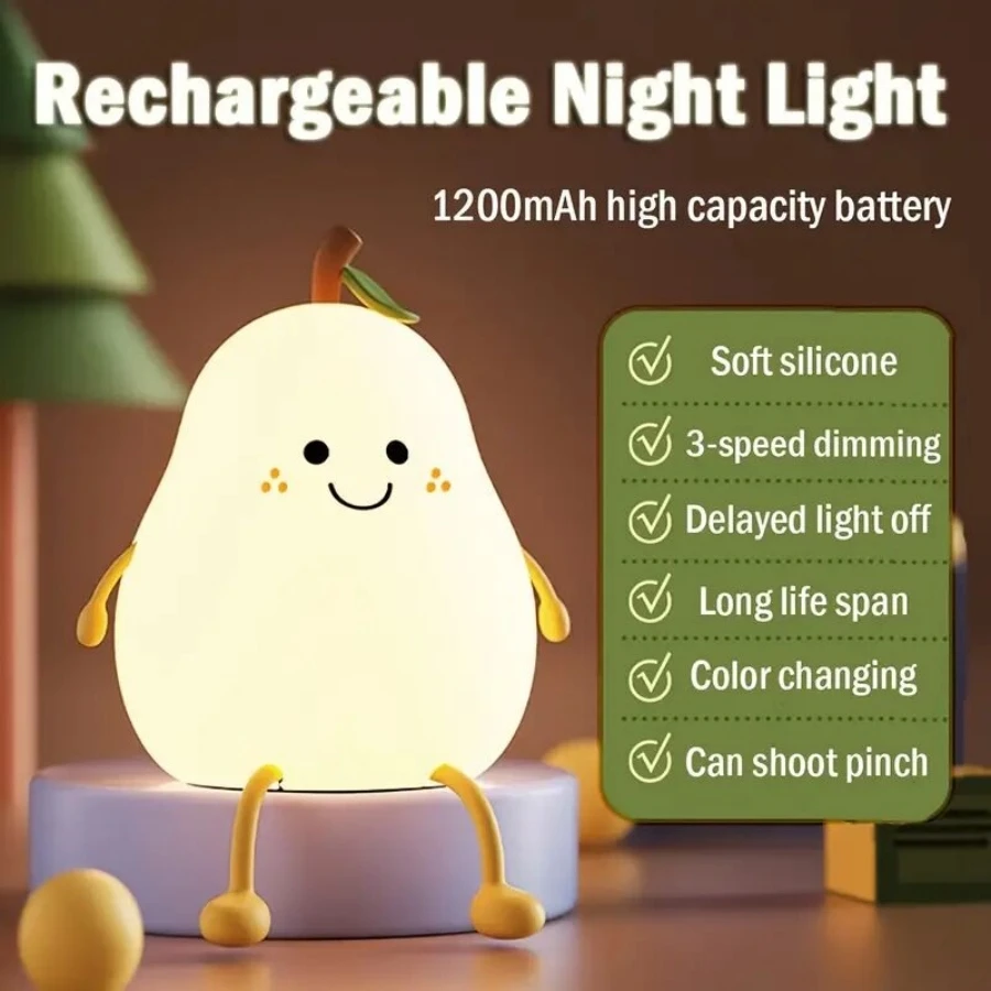 Cute 7 Colors Pear-Shaped Silicone Decompression Light, Touch-Controlled , For Rooms Bedside Lamp