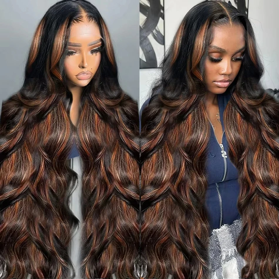 Ombre Highlight 13X6 Hd Lace Frontale Pruik 30 32 Inch 1b/30 Zwart Bruin Body Wave 13X4 Transparant Kant Front Menselijk Haar Pruiken 250%