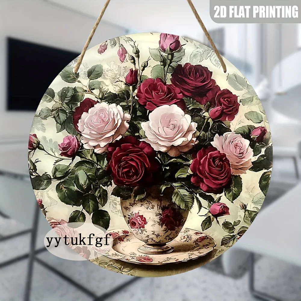 2D flaches, 1-teiliges Wanddekorations-Schild mit Rosenblüten – Vintage botanische runde Plakette mit Rosen, künstlich/holzähnlich, 20,32 cm x 2