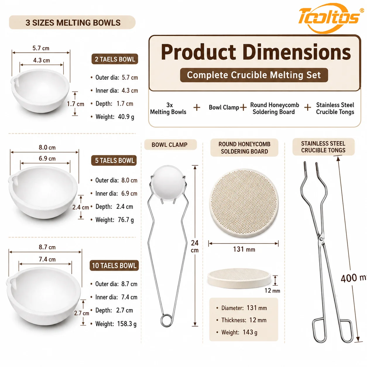 TOOLTOS 6PCS Jewelry Melting Crucible Tool Set 40cm Tongs 3 Melting Bowls Bowl Clamp Round Honeycomb Soldering Board for Gold Silver