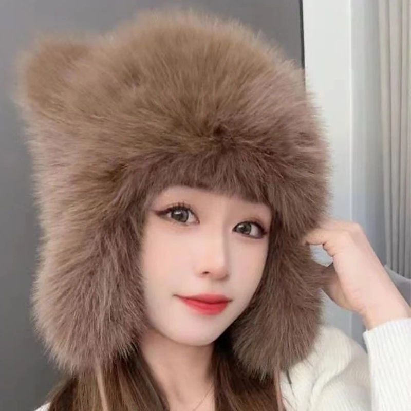 Fashion Faux Fur Hats Winter Warm Knitted Hats for Women Cartoon Fluffy Thicken Warm Earflap Cap Outdoor Windproof Beanie Hat