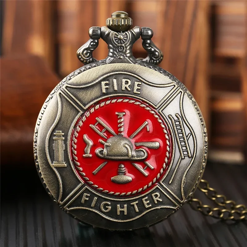 Bronze Fire Fighter Design Men's Quartz Analog Pocket Watch Fireman Theme Watches Sweater Necklace Chain Reloj De Bolsillo