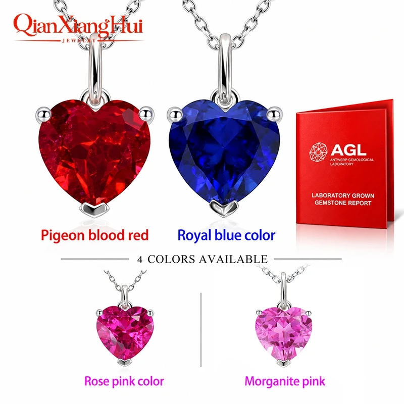 3.6ct 9*9mm S925 Silver Heart Shape Lab Grown Royal Blue/Cornflower Sapphire Pigeon Blood Red Inclusions Stone Pendant Necklace