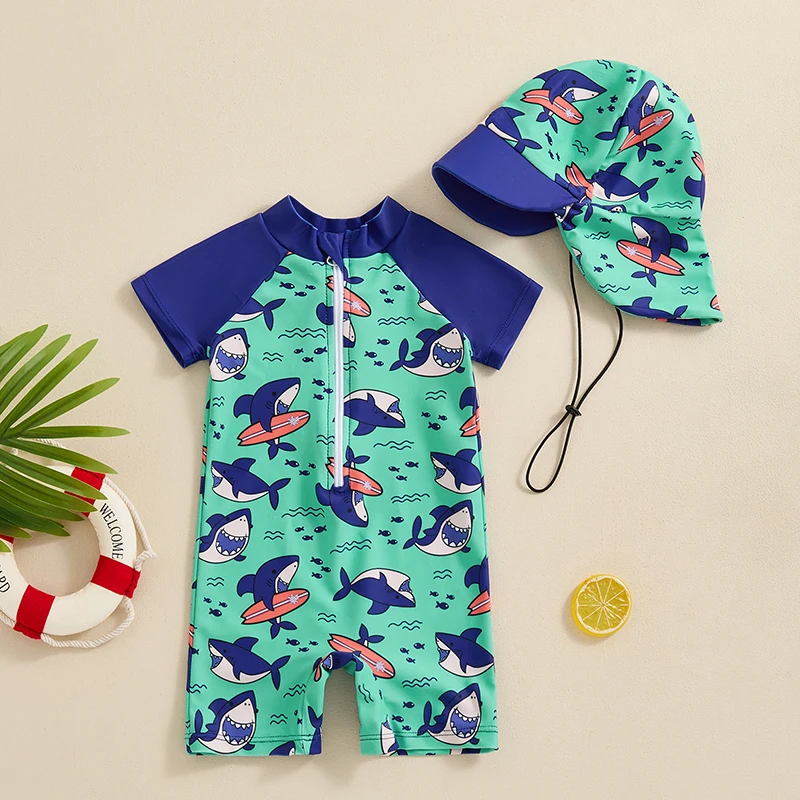 Baby Boy Rash Guard Swimsuit Casual Short Sleeve Zip Up Bathing Suit Swimwear with Sun Hat 2 Pieces Set for 0-3 Years