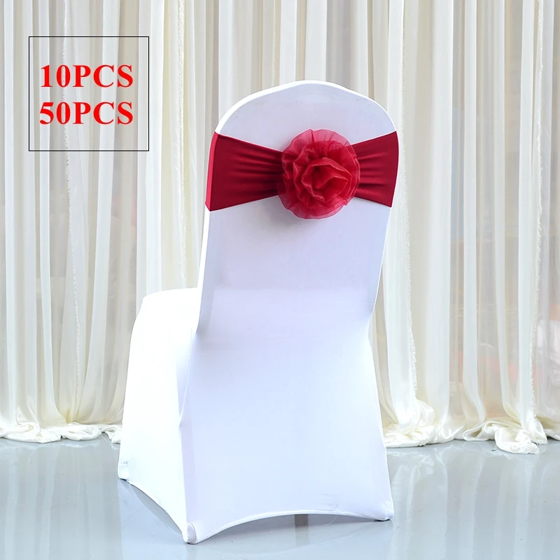 

50PCS Lycra Chair Band With Flower Ball Spandex Chair Sash For Chair Cover Wedding Event Party Hotel Decoration