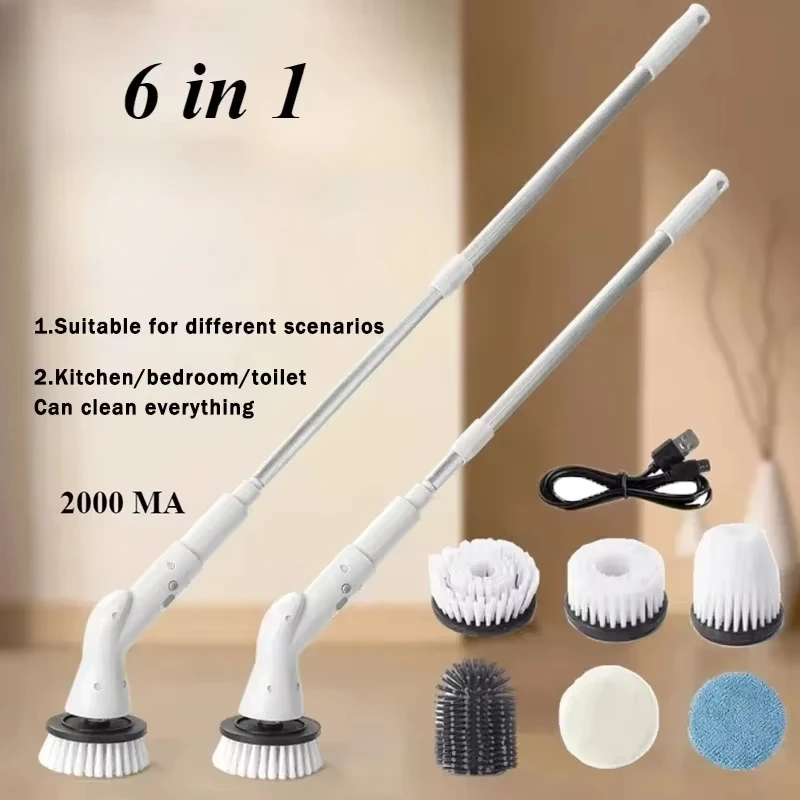 6-in-1 Electric Cleaning Brush NEW-Cordless Electric Rotary Cleaning Brush Shower Cleaning Brush Kitchen Bathroom